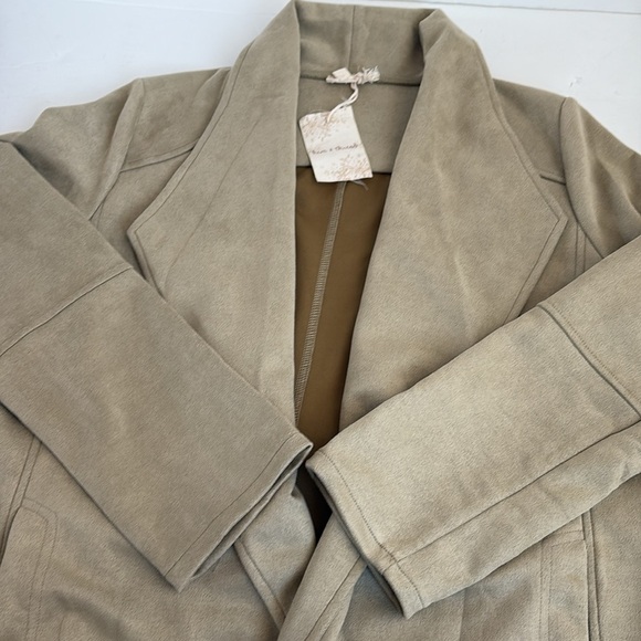 hem & thread tan long line open front light faux suede jacket with side pockets - Picture 16 of 16